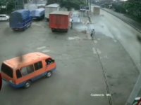 Truck Knocks Out Motorcyclist With Water Tank On His Back