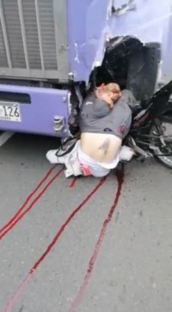 Dude On Motorcycle Crushed By Truck