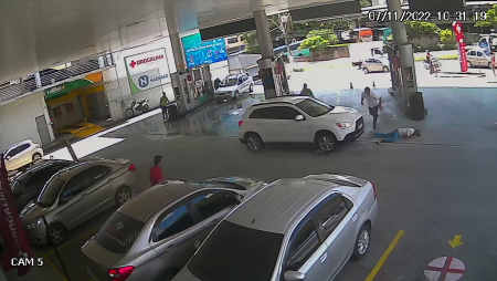 A Worker Was Grinding The Floor At A Gas Station When A Mitsubishi Drove Over It