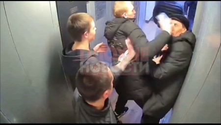 Fight In The Elevator Of Drunken Men. Russia