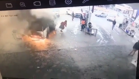 Minibus With People Caught Fire While Refueling