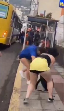 A Fight Between Two Brunettes At A Bus Stop