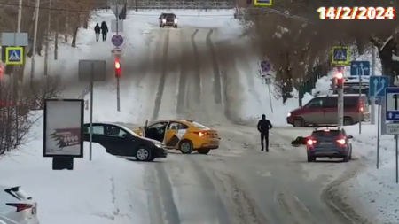 A Taxi Car Hit A Courier At An Intersection. Russia