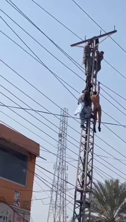 Naked Crazy Dude On An Electric Pole