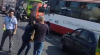 Conflict On The Road Between The Driver Of A Bus And A Car. Bogota